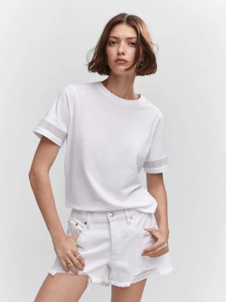 Áo thun nữ cổ polo chất liệu cotton pha trộn màu trắng